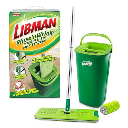 Libman Rinse 'n Wring Mopp-und-Eimer-System, Mikrofaser-Bodenwischer, Hartholzbodenreiniger, Nass- und Trockenmopp, Kammern für sauberes und schmutziges Wasser, Power-Klingen, 2 Mikrofaser-Pads von Libman
