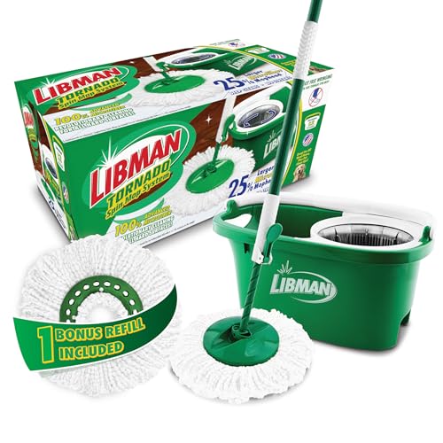 Libman Tornado Spin Mop System Plus 1 Nachfüllkopf | Mopp und Eimer mit Auswringer Set | Libman Mop für Bodenreinigung | Hartholz-Bodenwischer | 2 Moppköpfe insgesamt, grün von Libman