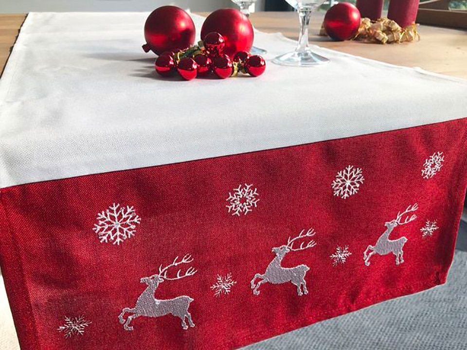 Libusch® Tischläufer Weihnachtstischläufer Kurt, rot-weiß, mit Elchen, 40x140 (1 Stk), mit weihnachtlichem Motiv / Wintermotiv von Libusch®