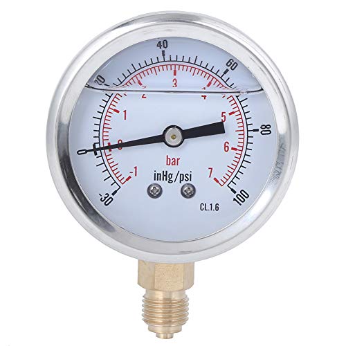 Manometer, ölgefülltes Manometer 1/4" BSP -1 bis 7 bar, -30 bis 100 psi Edelstahlgehäuse Messinginnenkonstruktion Flüssigkeitsgefülltes Manometer von Liccx