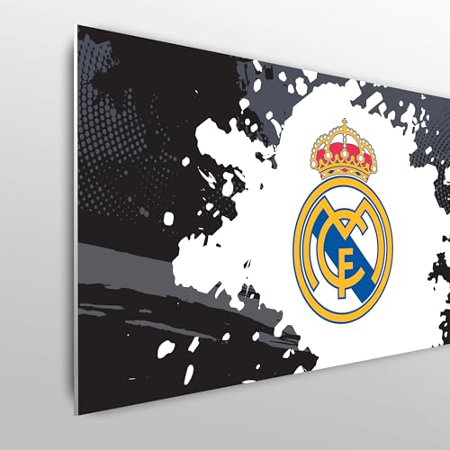 Licensed Décor Real Madrid Kopfteil für Einzelbett, verstellbar, 100 x 75 cm (B x H), vollständiges Wappen auf Farbspritzer, Schwarz und Grau von Licensed Décor