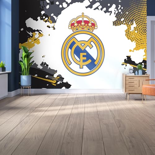 Lizenziertes Decor Real Madrid Vinyl-Wandbild, groß, 220 cm (H) x 170 cm (B) – komplettes Wappen auf Farbspritzern, Schwarz/Grau/Gelb von Licensed Décor
