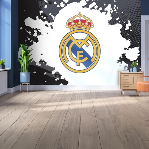 Lizenziertes Decor Real Madrid Vinyl-Wandbild, klein, 110 cm (H) x 80 cm (H), komplettes Wappen auf Farbspritzer, Schwarz und Grau von Licensed Decor