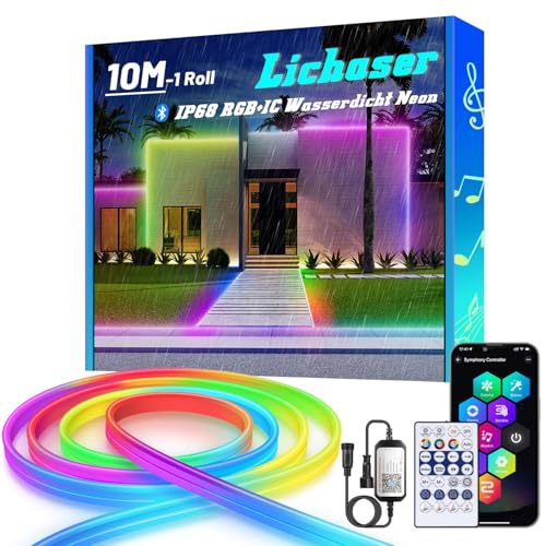 Lichaser 10M RGB+IC Flexible Neon LED Strip Outdoor, Bluetooth Aussenbereich IP68 Neon LED Streifen Sync mit Musik, 24V DIY LED Lichtband Außen Wasserdicht für Terrasse, Gartenbeleuchtung Lichaser 10M RGB+IC Flexible Neon LED Strip Outdoor, Bluetooth Aussenbereich IP68 Neon LED Streifen Sync mit Musik, 24V DIY LED Lichtband Außen Wasserdicht für Terrasse, Gartenbeleuchtung von Lichaser