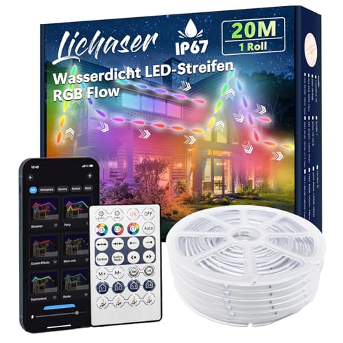 Lichaser 20M Outdoor RGB+IC LED Strip Wasserdicht Verfolgen, DIY, Segmentieren von LED-Streifen mit BT App und 2.4G RF Fernbedienung für den Außenbereich von Lichaser