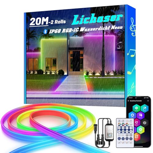 Lichaser 20M RGB+IC Flexible Neon LED Strip Outdoor, Bluetooth Aussenbereich IP68 Neon LED Streifen Sync mit Musik, 24V DIY LED Lichtband Außen Wasserdicht für Terrasse, Gartenbeleuchtung (10M*2) von Lichaser