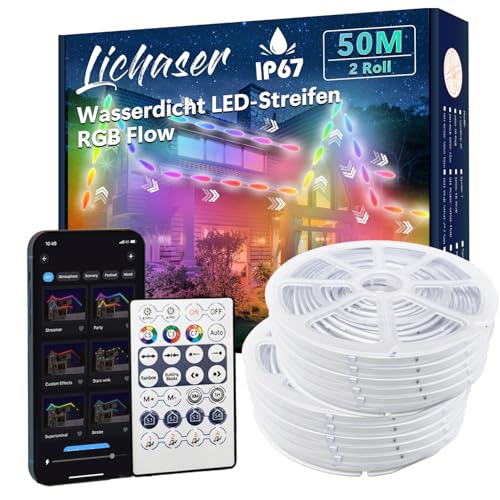 Lichaser 50M Outdoor RGB+IC LED Strip Wasserdicht Verfolgen, DIY, Segmentieren von LED-Streifen mit BT App und 2.4G RF Fernbedienung für den Außenbereich von Lichaser