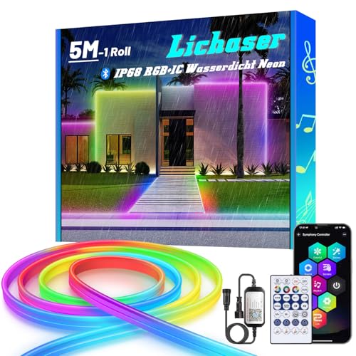 Lichaser 5M RGB+IC Flexible Neon LED Strip Outdoor, Bluetooth Aussenbereich IP68 Neon LED Streifen Sync mit Musik, 24V DIY LED Lichtband Außen Wasserdicht für Terrasse, Gartenbeleuchtung von Lichaser