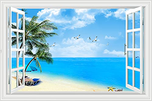 Lichi 3D Falscher Fenster-Wand-Aufkleber mit Meeresstrand, Kokosnussbaum, Landschaft mit Möwe von Lichi