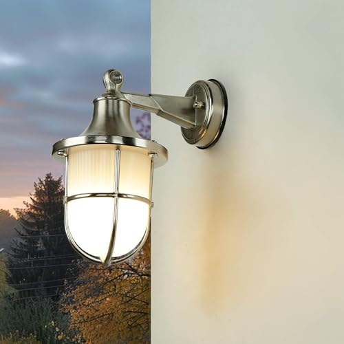 Licht-Erlebnisse Aussen Wandleuchte echtes Messing in Nickel-matt IP64 E27 Maritim wetterfest Außenlampe Haustür Terrasse Hof Schiffsleuchte Schiffslampe Außenleuchte von Licht-Erlebnisse