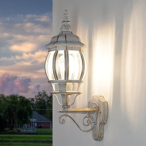 Licht-Erlebnisse Außenwandlampe Glas Aluminium in Weiß Gold IP44 Garten Balkon H:54 cm E27 Landhaus Design Rustikale Wandlaterne Outdoor BREST von Licht-Erlebnisse