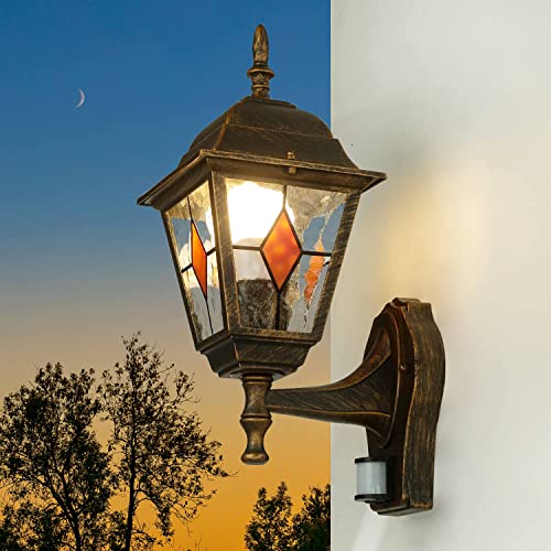 Licht-Erlebnisse Außenleuchte mit Bewegungsmelder in Kupfer Antik IP44 Hof Garten H:37,5 cm E27 max. 60 W Tiffany Rustikale Sensor Wandlampe SALZBURG von Licht-Erlebnisse