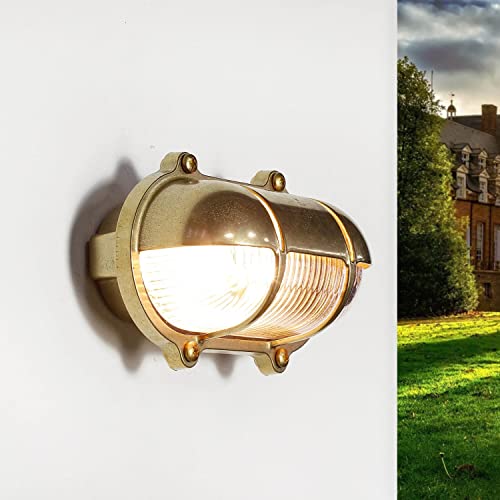 Licht-Erlebnisse Außenwandlampe Messing Glas IP64 für Terrasse Garten H:12 cm E27 Ziergitter Schiffslampe Maritime Wandleuchte Outdoor SKIATHOS von Licht-Erlebnisse