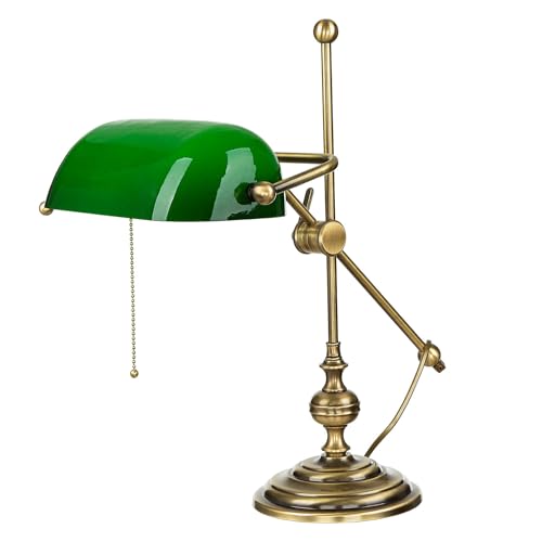 Licht-Erlebnisse Bankerlampe aus Echt-Messing bronziert Premium Qualität Glas Schirm grün verstellbar für Arbeitszimmer Wohnzimmer Bibliothek Bankerleuchte Tischlampe von Licht-Erlebnisse