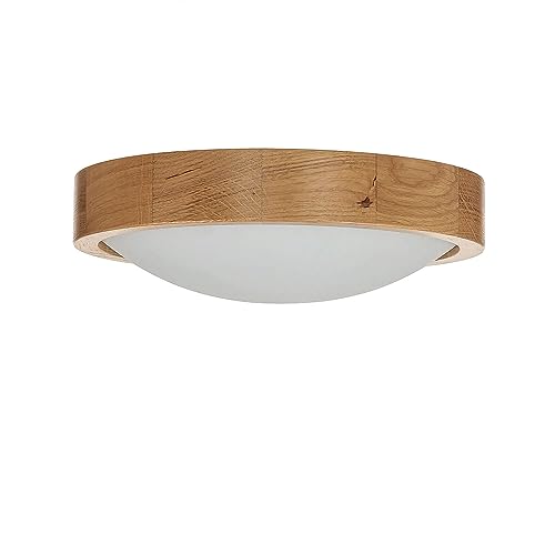 Deckenleuchte Holz Glas in Eiche Treppenhaus Flur Ø27 cm rund E27 blendarm gemütlich Moderne Deckenlampe Wohnzimmer FERNLY von Licht-Erlebnisse