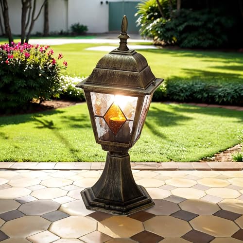 Licht-Erlebnisse Sockelleuchte Glas Aluminium in Gold Antik IP44 Garten Weg H:42 cm E27 Tiffany Laterne Rustikale Wegeleuchte Outdoor SALZBURG von Licht-Erlebnisse