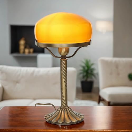 Licht-Erlebnisse Premium Tischlampe Messing Glas in Bronze hell Orange Schlafzimmer Büro 40,5 cm hoch E27 Pilz Lesen Arbeiten Jugendstil Tischleuchte von Licht-Erlebnisse