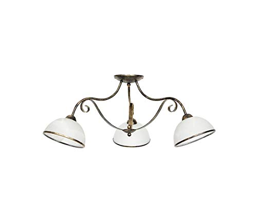 Licht-Erlebnisse Deckenlampe Glas Metall in Messing Weiß Wohnzimmer Küche H:30 E27 3-flammig Landhaus Rustikale Deckenleuchte Esszimmer ANTICA von Licht-Erlebnisse