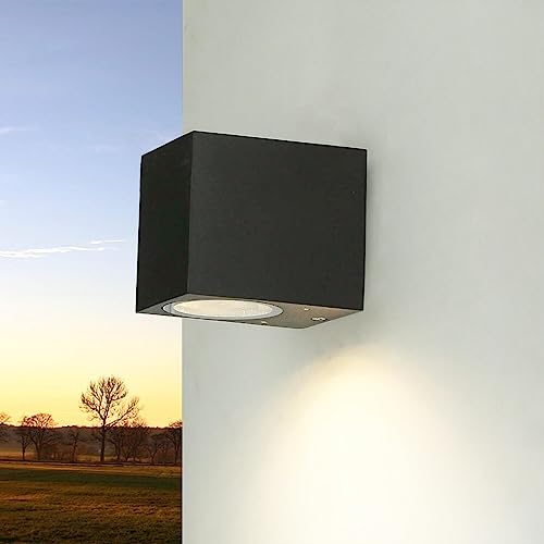 Licht-Erlebnisse Wandlampe Außen Glas Aluminium Schwarz IP44 für Terrasse Haus B:6,8 cm GU10 einflammig Downlight Moderne Außenwandleuchte Garten AALBORG von Licht-Erlebnisse