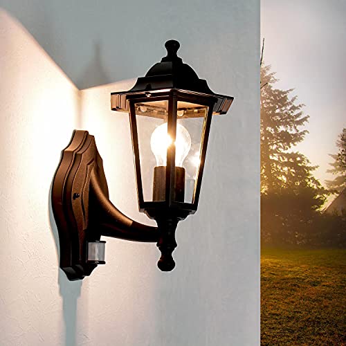 Licht-Erlebnisse Außenwandlampe mit Bewegungsmelder Aluminium Glas Schwarz IP44 Terrasse T:23 cm E27 Laterne nostalgische Sensor Wandleuchte PARIS von Licht-Erlebnisse