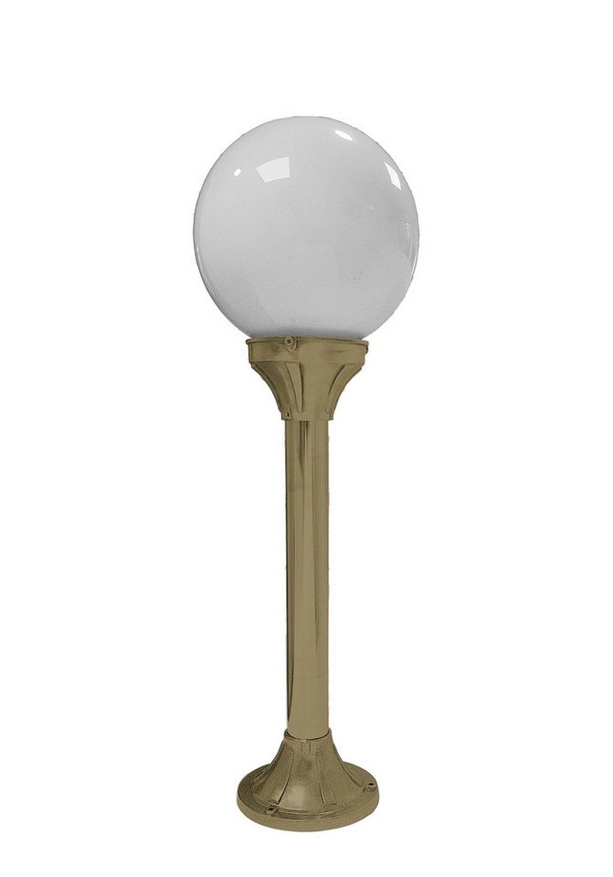 Licht-Erlebnisse Außen-Stehlampe ILIOS, ohne Leuchtmittel, Glas Echt-Messing E27 IP43 60 cm in Messing Weiß Kugel Schirm rund von Licht-Erlebnisse