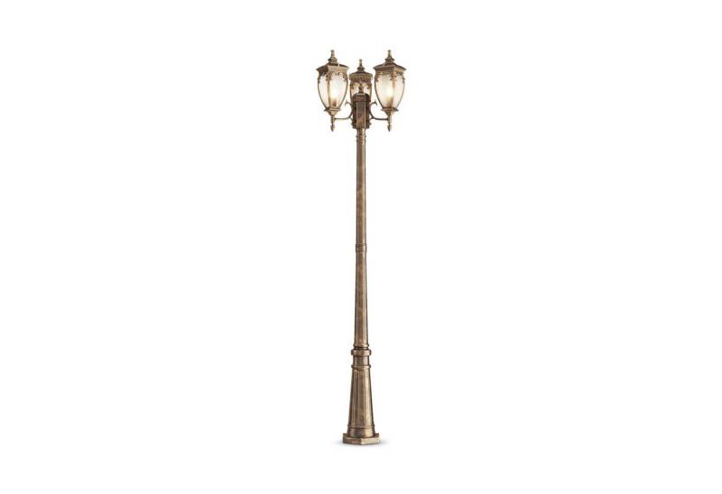 Licht-Erlebnisse Außen-Stehlampe KATHI, ohne Leuchtmittel, Glas Aluminium 239 cm hoch IP44 in Gold antik E27 3-flammig Rustikal von Licht-Erlebnisse
