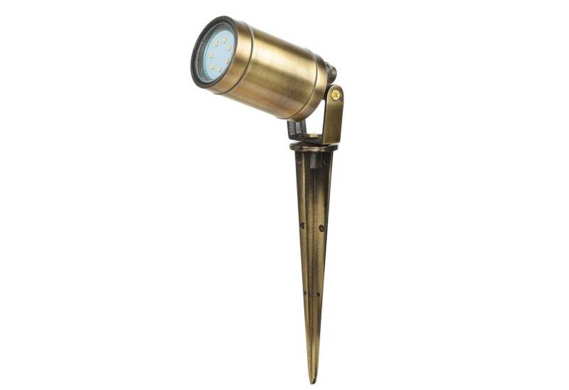Licht-Erlebnisse Außen-Stehlampe TEMBI, ohne Leuchtmittel, Erdspieß Strahler GU10 IP64 Messing massiv verstellbar von Licht-Erlebnisse