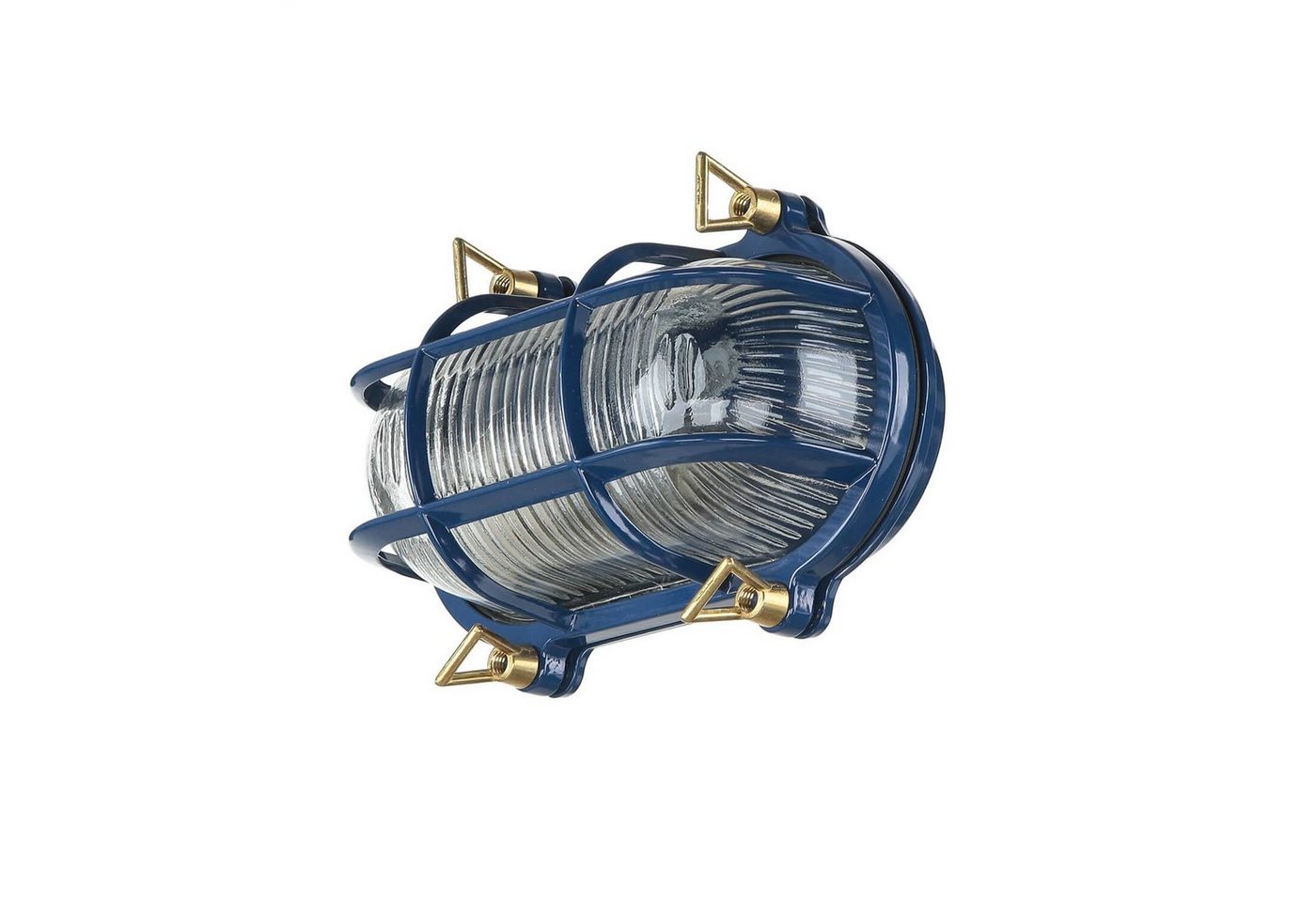 Licht-Erlebnisse Außen-Wandleuchte SKIATHOS, ohne Leuchtmittel, Messing Riffelglas E27 IP64 in Blau Maritim rostfrei 21 cm breit von Licht-Erlebnisse