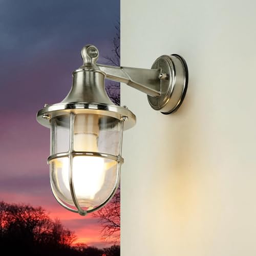 Licht-Erlebnisse Wandleuchte Aussen Messing, in Nickel, Hoflampe, Außenleuchte Maritim, wetterfest, rostfrei, IP64, E27, Schiffslampe, Außenlaterne, Rustikal von Licht-Erlebnisse
