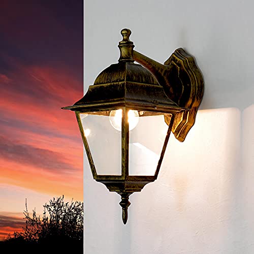 Licht-Erlebnisse Außenlaterne Wand Aluminium Glas in Gold Antik IP44 Terrasse Balkon T:19,5 cm E27 max. 60 W Rustikal Landhaus Wandleuchte Outdoor von Licht-Erlebnisse
