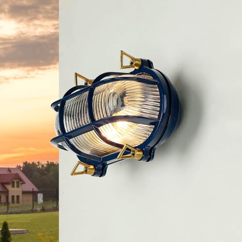 Licht-Erlebnisse Außenleuchte Messing Glas Blau IP64 Terrasse Balkon B:21 cm E27 bis 18 W Rustikal geriffelt Maritime Wandlampe Outdoor SKIATHOS von Licht-Erlebnisse