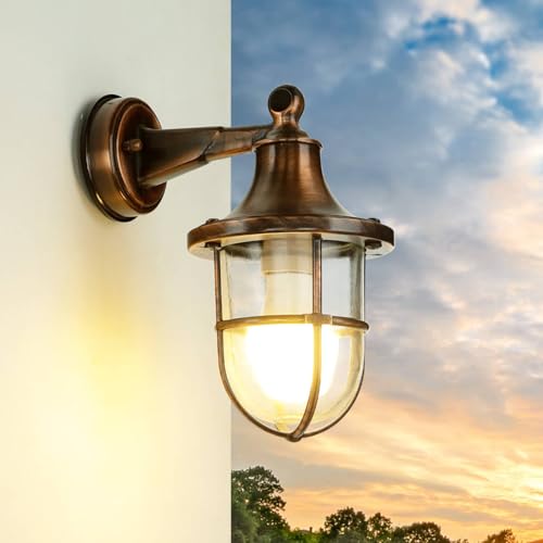 Licht-Erlebnisse Außenlampe Kupfer Antik, Außenleuchte Messing, Maritime Wandlampe Außen, Balkon, Terrasse, IP64, B:14 cm, E27, Schiffslaterne, Gartenlampe Rustikal von Licht-Erlebnisse