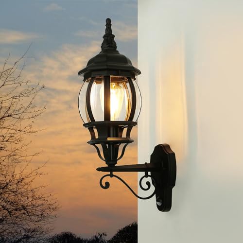 Licht-Erlebnisse Außenleuchte mit Bewegungsmelder Glas Aluminium Schwarz IP23 Haus Hof H: 54 cm E27 Rustikal Wandlampe außen Gartenlaterne von Licht-Erlebnisse