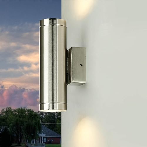 Licht-Erlebnisse Außenwandlampe Messing in Nickel matt IP64 Haus Balkon T:10 cm GU10 max. 3,5W Up Down rostfrei Moderne Wandleuchte Außen SERRES von Licht-Erlebnisse