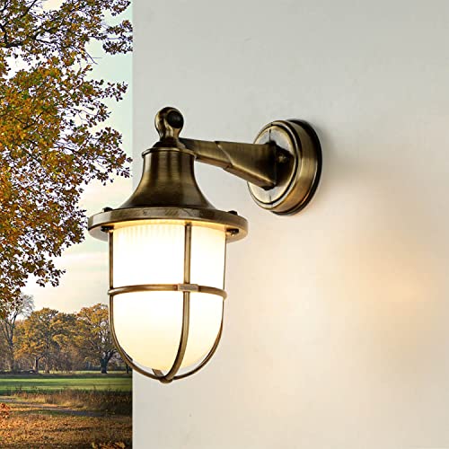 Licht-Erlebnisse Außenleuchte Wand Echt-Messing Glas in Messing Antik IP64 Haustür Garten T:22 cm E27 Laterne Rustikal Maritime Wandlampe Outdoor von Licht-Erlebnisse