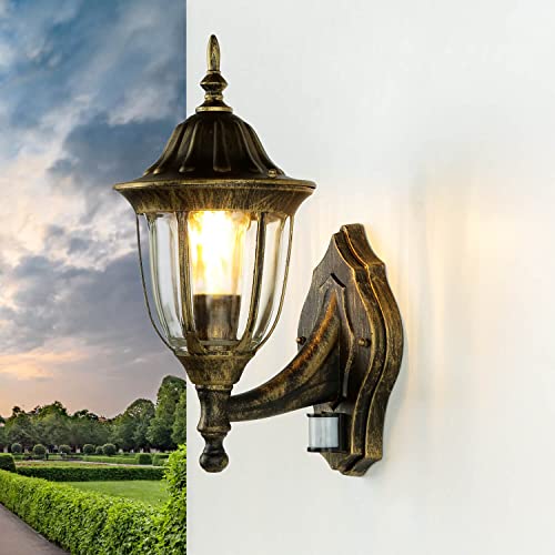 Licht-Erlebnisse Außenwandleuchte mit Bewegungsmelder Aluminium Glas in Gold Antik IP44 Terrasse Garten H:37,5 cm E27 Laterne Wandlampe Outdoor MILANO von Licht-Erlebnisse