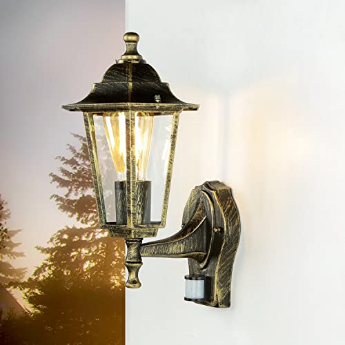 Licht-Erlebnisse Außenwandleuchte mit Bewegungsmelder Glas Aluminium in Gold Antik IP44 Balkon B:17 cm E27 Laterne nostalgische Sensor Wandlampe PARIS von Licht-Erlebnisse