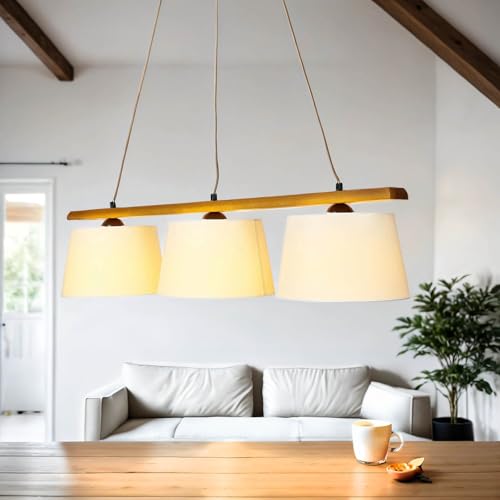 Licht-Erlebnisse BEVERELY Wohnliche Hängelampe Holz Stoff blendarm 90cm lang E27 Pendelleuchte Esstisch von Licht-Erlebnisse
