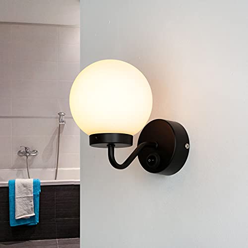 Licht-Erlebnisse Badezimmer Wandleuchte – Jugendstil Badleuchte – Schwarze Wandlampe E14 – Glaskugel – Wandleuchte Bad IP44 – mit Schalter – Badlampe Wand von Licht-Erlebnisse