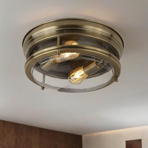 Licht-Erlebnisse Badezimmerlampe Decke Ø 35 cm rund H: 14,5 cm IP44 in Messing antik für 2x E27 Deckenleuchte Bad Deckenlampe Badezimmer von Licht-Erlebnisse