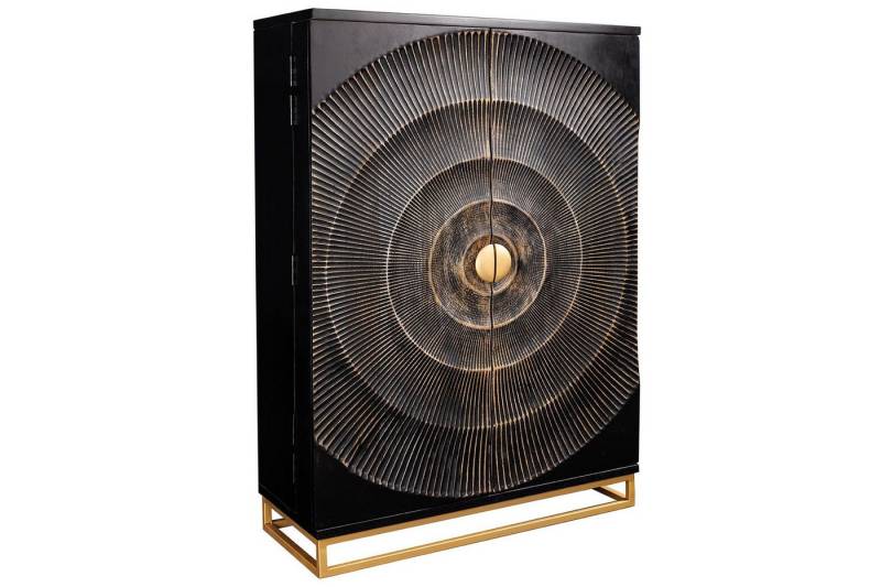 Licht-Erlebnisse Barschrank EIROS Schwarz Gold H: 141 cm Mangoholz Metall Handarbeit Ornament Türen von Licht-Erlebnisse