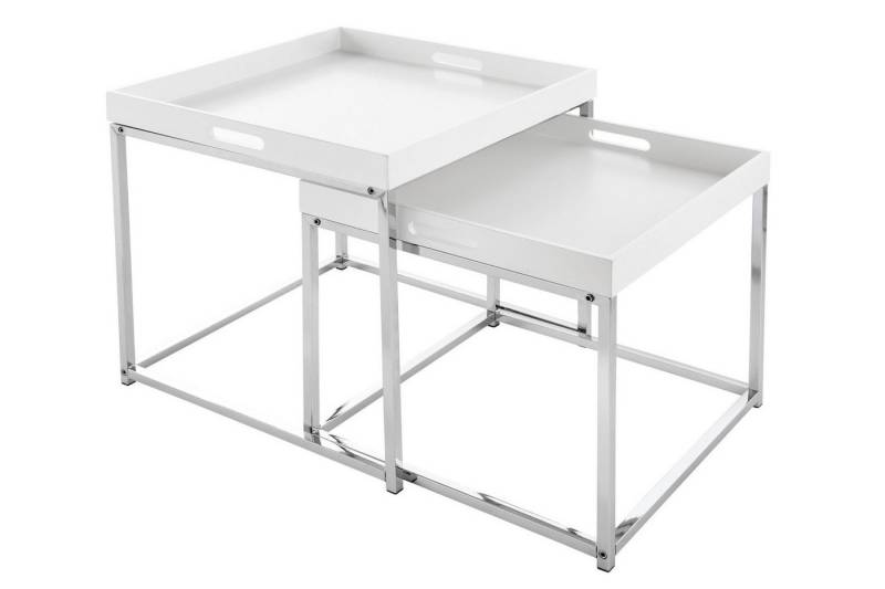 Licht-Erlebnisse Beistelltisch BAMA, 2er Set aus Metall in Weiß Chrom mit Tablett von Licht-Erlebnisse