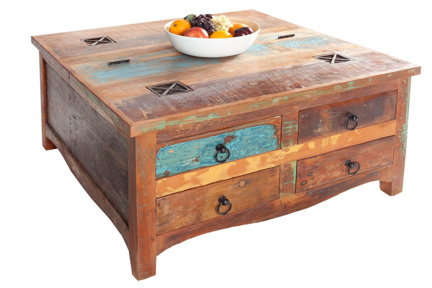 Licht-Erlebnisse Couchtisch BLANCA, mit Schublade aus recyceltem Holz Bunt Braun 70 x 70 x 45 cm (LxBxH) von Licht-Erlebnisse