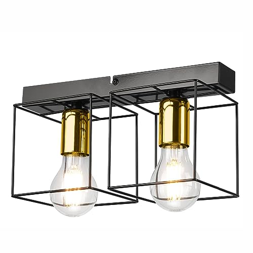 Licht-Erlebnisse Deckenlampe 2-flammig E27 32 cm lang H: 17 cm klein in Schwarz Gold Würfel Schirme Metall Deckenleuchte Wohnzimmer Esszimmer Flur von Licht-Erlebnisse