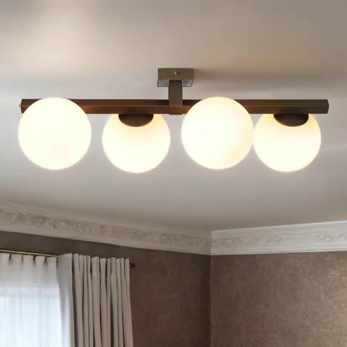 Licht-Erlebnisse Deckenlampe Glas Metall in Titanium Gold Weiß Wohnzimmer 70 cm lang E27 4-flammig Kugeln satiniert Moderne Deckenleuchte Schlafzimmer MENDJE von Licht-Erlebnisse