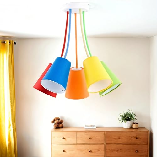 Licht-Erlebnisse Deckenleuchte WIRE bunt Stoffschirme flexibel verstellbar in Orange Gelb Grün rot blau D:70cm 5x E27 Kinderzimmer Wohnzimmer Deckenlampe Innen von Licht-Erlebnisse