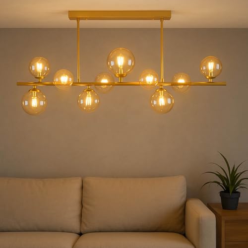 Licht-Erlebnisse Deckenlampe Rauchglas Metall 87 cm lang H: 44 cm in Creme Gold 10x G9 Retro Deckenlampe Wohnzimmer Esszimmer von Licht-Erlebnisse