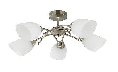 Licht-Erlebnisse Deckenleuchte 5-flammig E27 in Messing Weiß Glas Metall B: 45 cm Jugendstil Klassisch Deckenlampe Wohnzimmer Esszimmer Flur von Licht-Erlebnisse