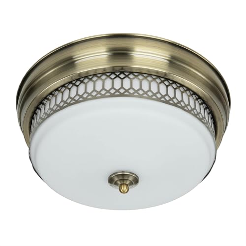 Licht-Erlebnisse Deckenleuchte Badezimmer Ø 35 cm H: 16 cm IP44 in Messing Antik Weiß 2x E27 Glas Metall Jugendstil Deckenlampe Badezimmerleuchte von Licht-Erlebnisse