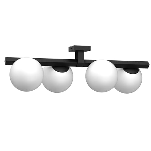 Licht-Erlebnisse Deckenleuchte Glas Metall Schwarz Weiß Wohnzimmer Schlafzimmer 70 cm lang E27 4-flammig Kugeln satiniert Moderne Deckenlampe Flur MENDJE von Licht-Erlebnisse